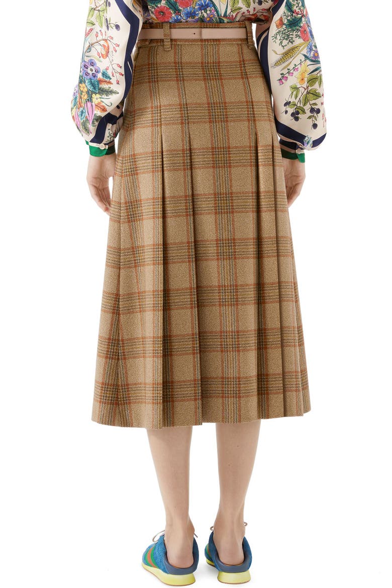Logo Belt Plaid Midi Skirt, Alternate, color, BROWN