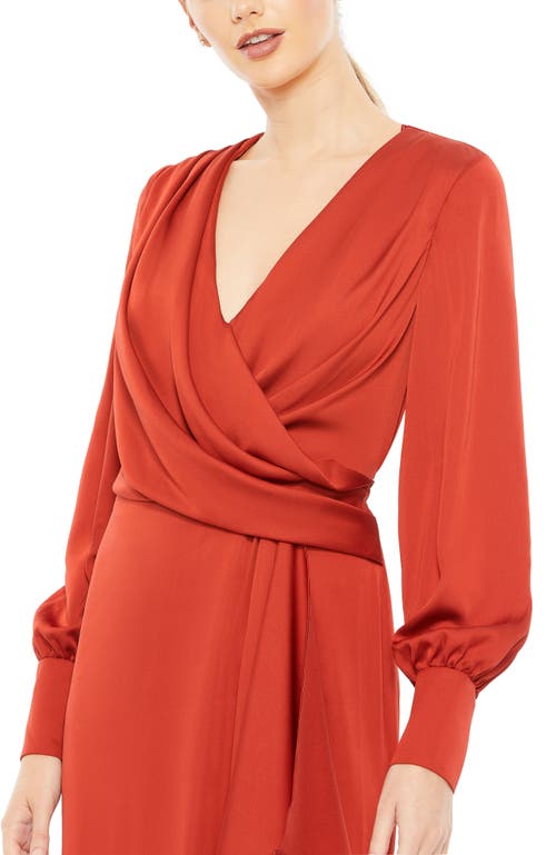 Mac Duggal Charmeuse Gown With Draped Bodice And Front Slit In Red