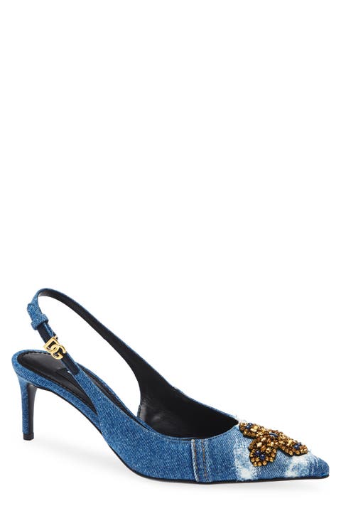 Crystal Embellished Denim Pointed Toe Slingback Pump (Women)