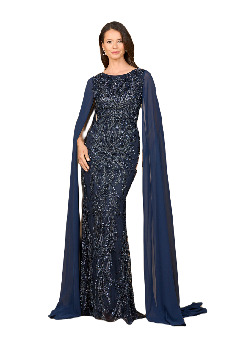 High Neck Gown with Chiffon Cape Sleeves, Main, color, Navy