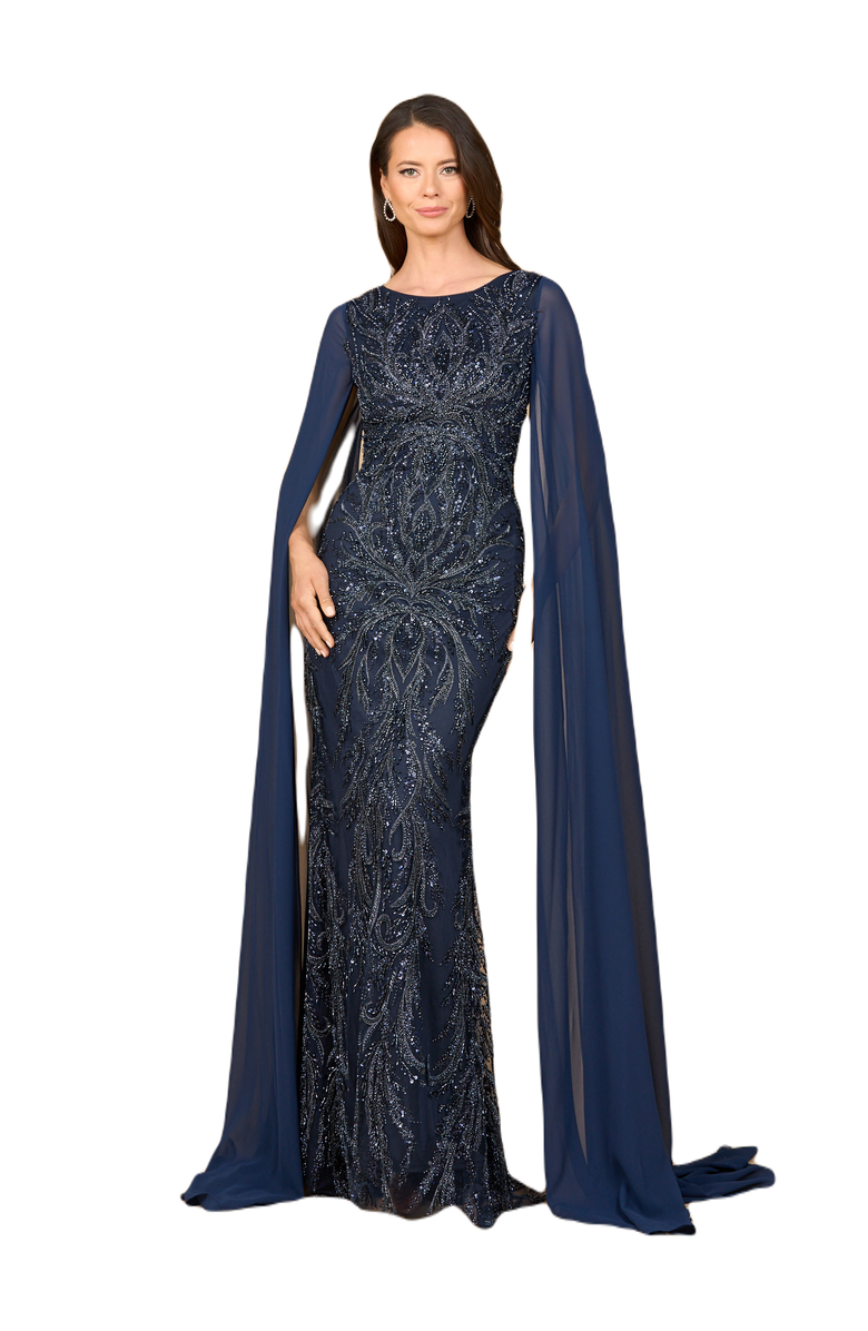 LARA New York High Neck Gown with Chiffon Cape Sleeves, Main, color, Navy