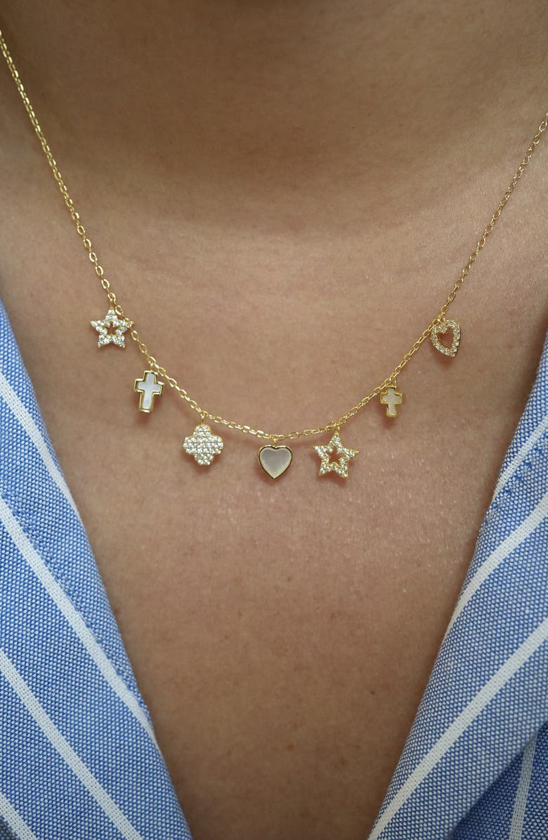 Argento Vivo Sterling Silver Pavé Mother-of-Pearl Charm Station Necklace, Alternate, color, Gold