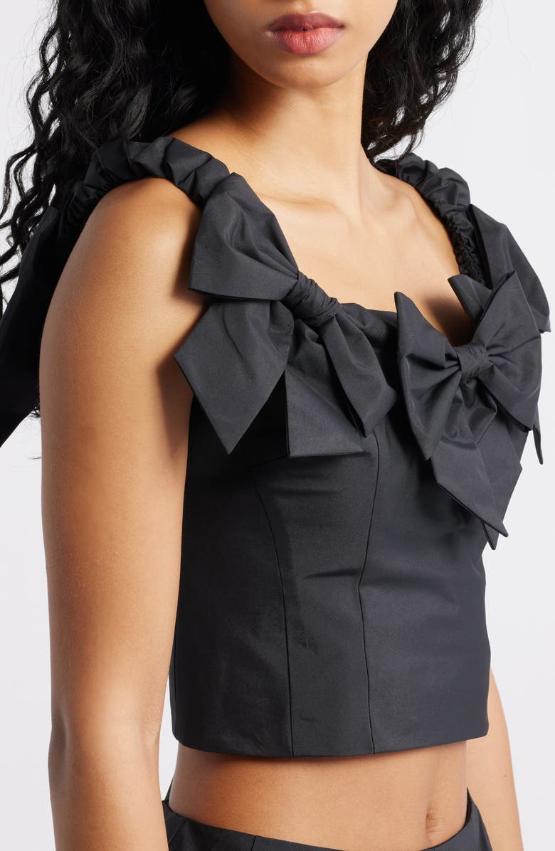 LoveShackFancy Winston Bow Off the Shoulder Crop Top, Alternate, color, Black