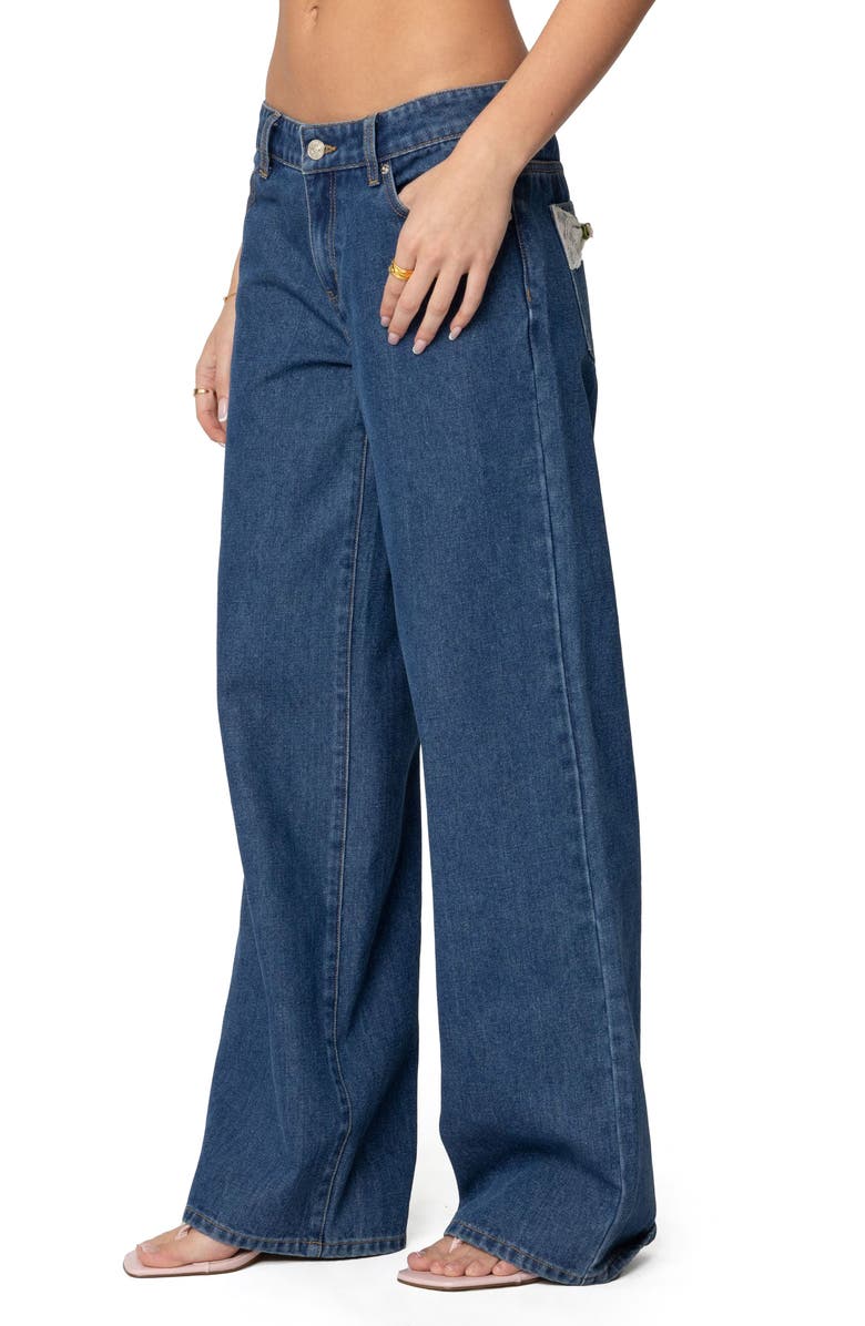 EDIKTED Lacey Bow Pocket Low Rise Wide Leg Jeans, Alternate, color, Blue