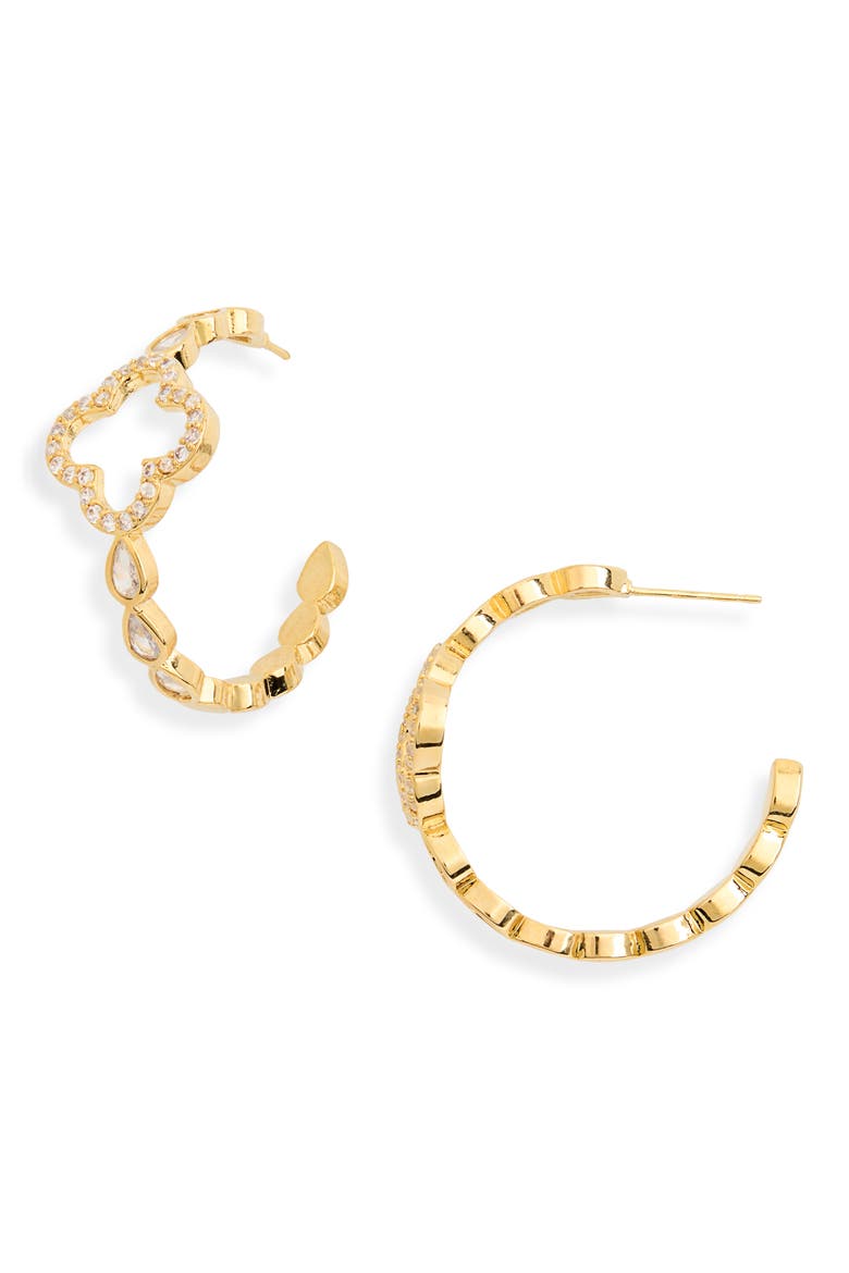 Sonya CZ Clover Hoop Earrings, Main, color, GOLD