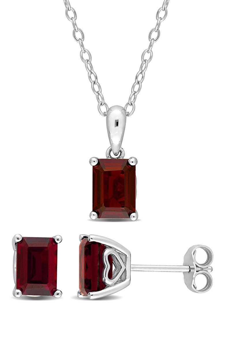 Emerald Cut Garnet Pendant Necklace & Stud Earrings Set, Main, color, RED
