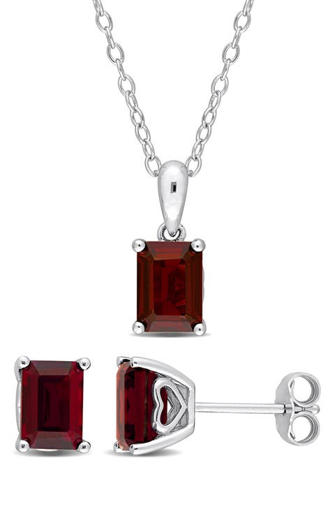 Emerald Cut Garnet Pendant Necklace & Stud Earrings Set