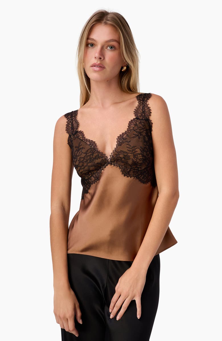 CAMI NYC Lisette Lace Accent Silk Camisole, Alternate, color, Caramel