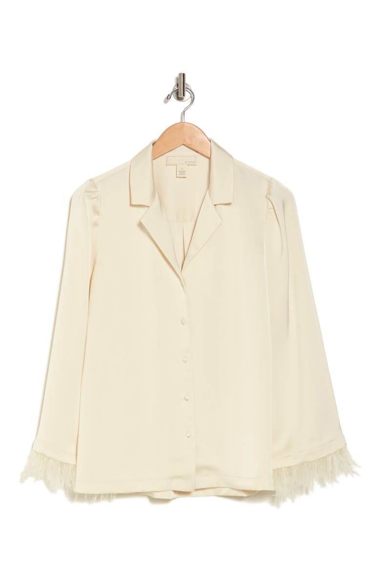 Laine Feather Trim Satin Button-Up Top, Alternate, color, IVORY