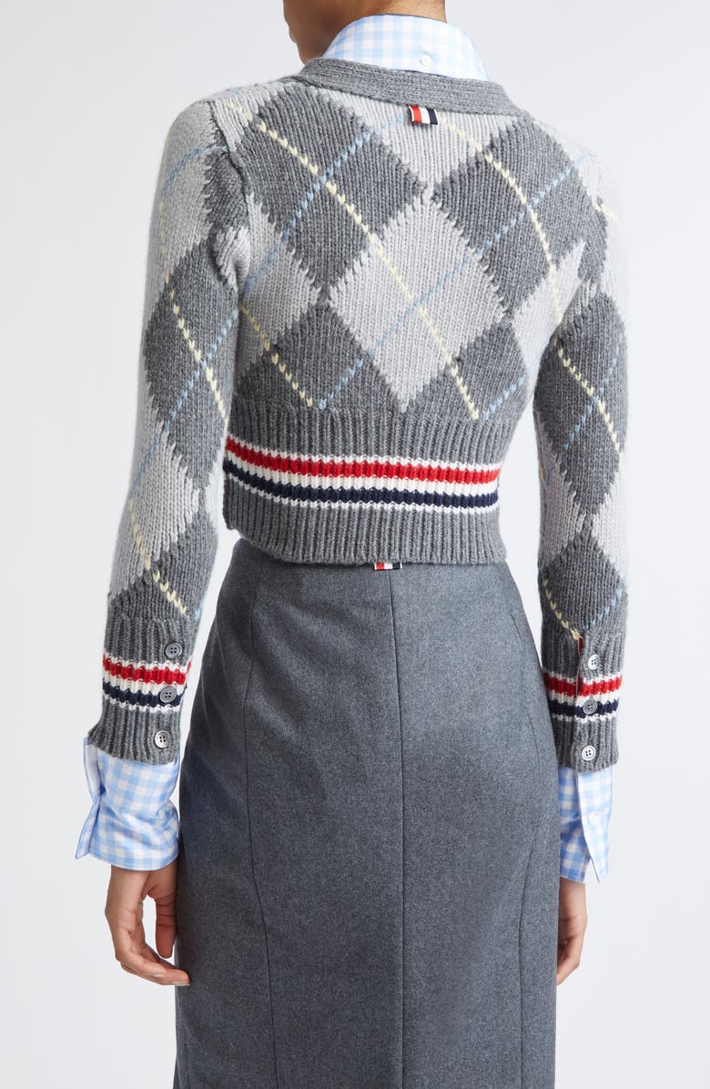 Thom Browne Argyle Intarsia Shrunken Virgin Wool Blend Cardigan, Alternate, color, Tonal Grey