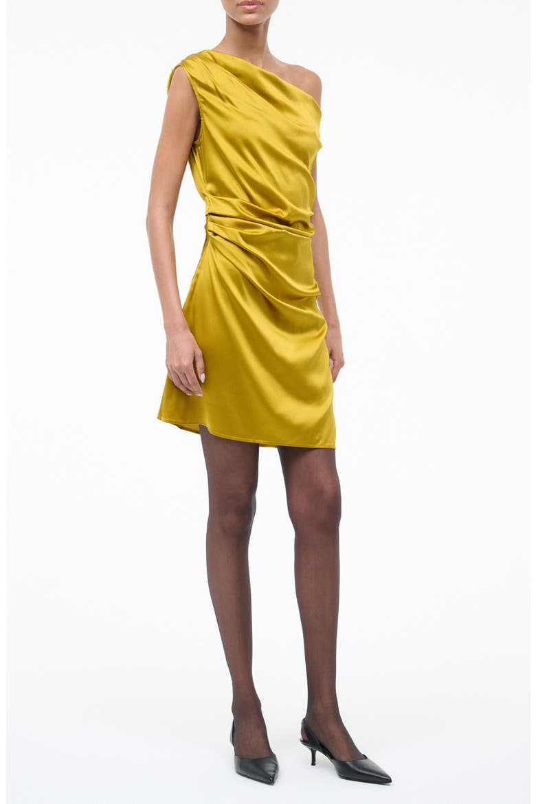 Phare Asymmetric Ruched One-Shoulder Stretch Silk Minidress, Alternate, color, TURMERIC