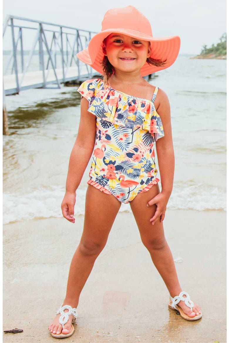 Tropical Flamingo One-Piece Swimsuit & Hat Set, Alternate, color, ORANGE