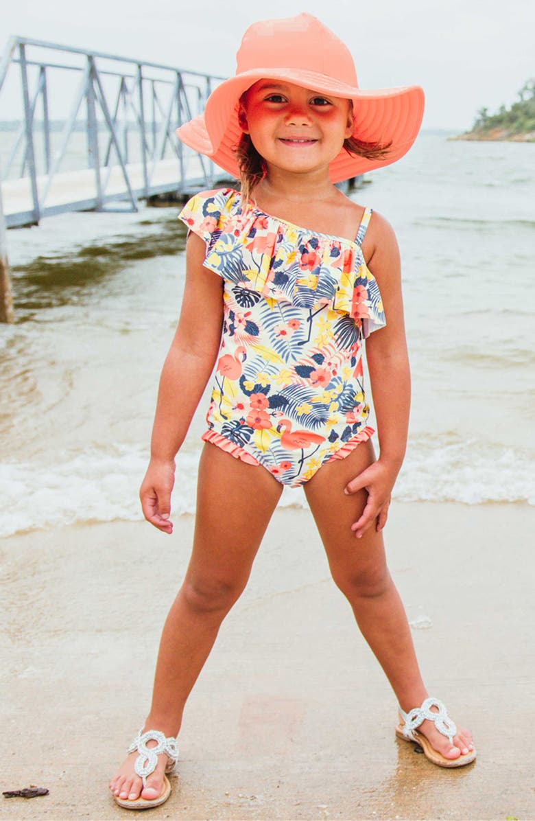 RuffleButts Tropical Flamingo One-Piece Swimsuit & Hat Set, Alternate, color,