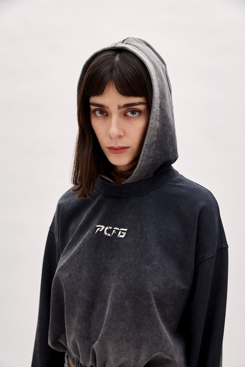 Cotton Acid Washed Crop Hoodie, Alternate, color, BLACK