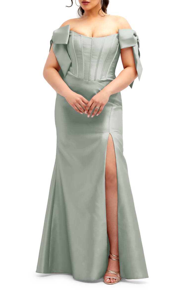 Off the Shoulder Bow Corset Satin Trumpet Gown, Main, color, WILLOW