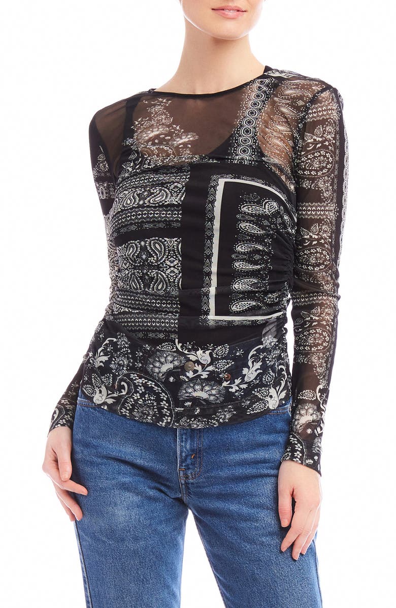 FIFTEEN TWENTY Alina Long Sleeve Ruched Mesh Top, Main, color,