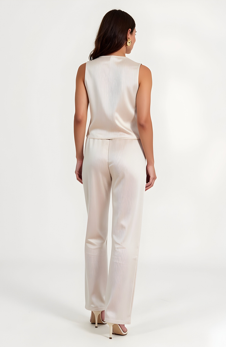 Modenaire Sleeveless Tie-Front Top and Wide-Leg Pant Set in Lustrous Finish, Alternate, color, 