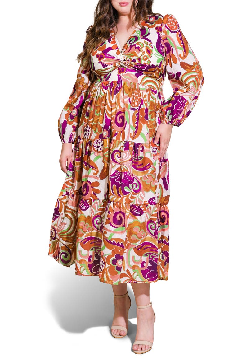 Long Sleeve Tiered Maxi Dress, Main, color, IVORY RUST