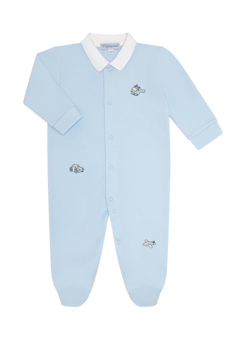 Mini Voyages Embroidery Snap Footie - Baby, Main, color, Blue