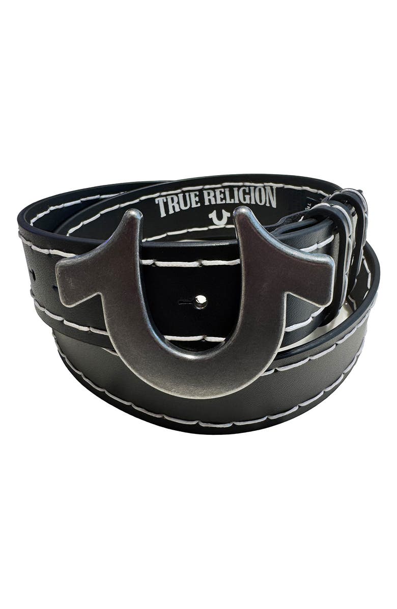 True Religion Lucky Break Horseshoe Buckle Leather Belt, Main, color, Black/ White