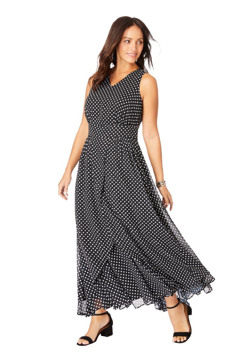 Jessica London Georgette Flyaway Maxi Dress, Main, color, Black Polka Dot