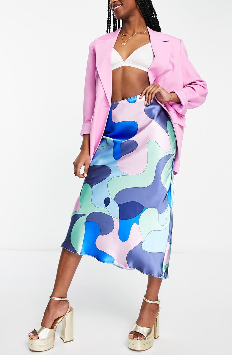 ASOS DESIGN Multicolor Satin Slip Midi Skirt, Alternate, color, 