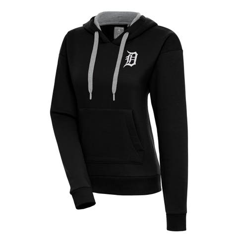 Women's Antigua  Black Detroit Tigers Brushed Metallic Victory Pullover Hoodie