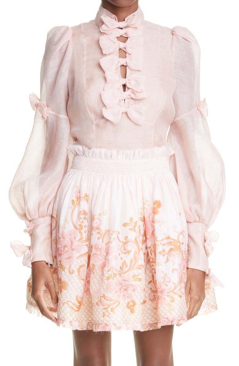 Zimmermann Postcard Bow Placket Linen & Silk Blouse, Main, color, 