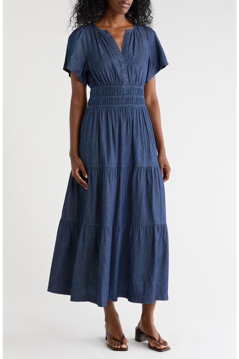 Chambray Short Sleeve Maxi Dress, Main, color, DARK WASH