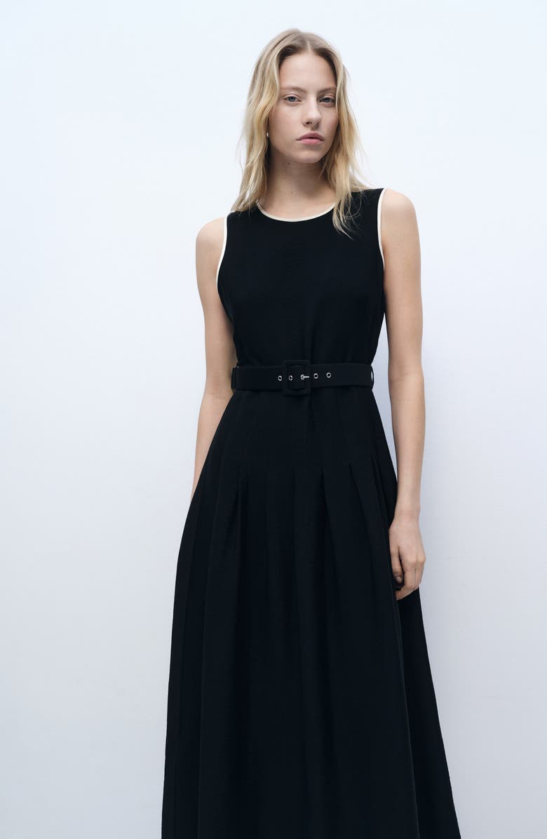 MANGO Sleeveless Belted Flared Midi Dress, Alternate, color,