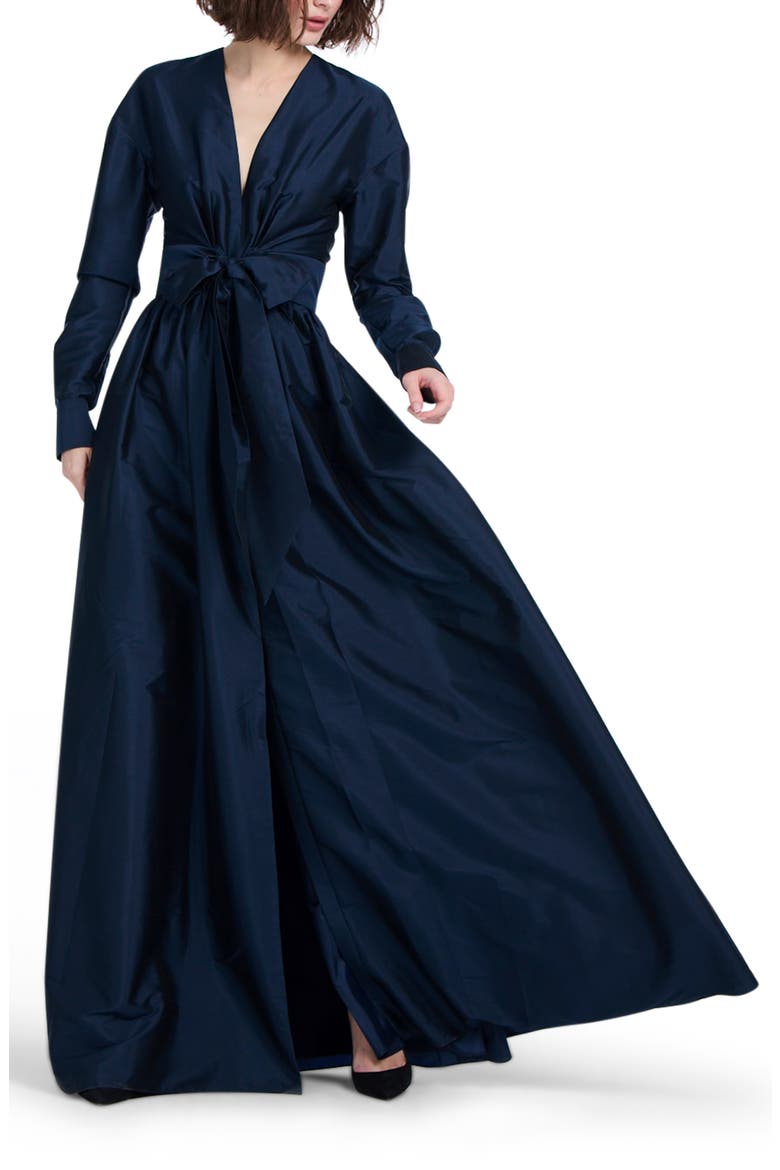 Surplice Long Sleeve Taffeta Gown, Alternate, color, NAVY