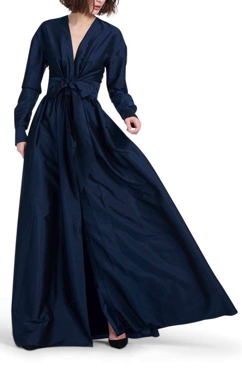 EMILY SHALANT Surplice Long Sleeve Taffeta Gown, Alternate, color, Navy