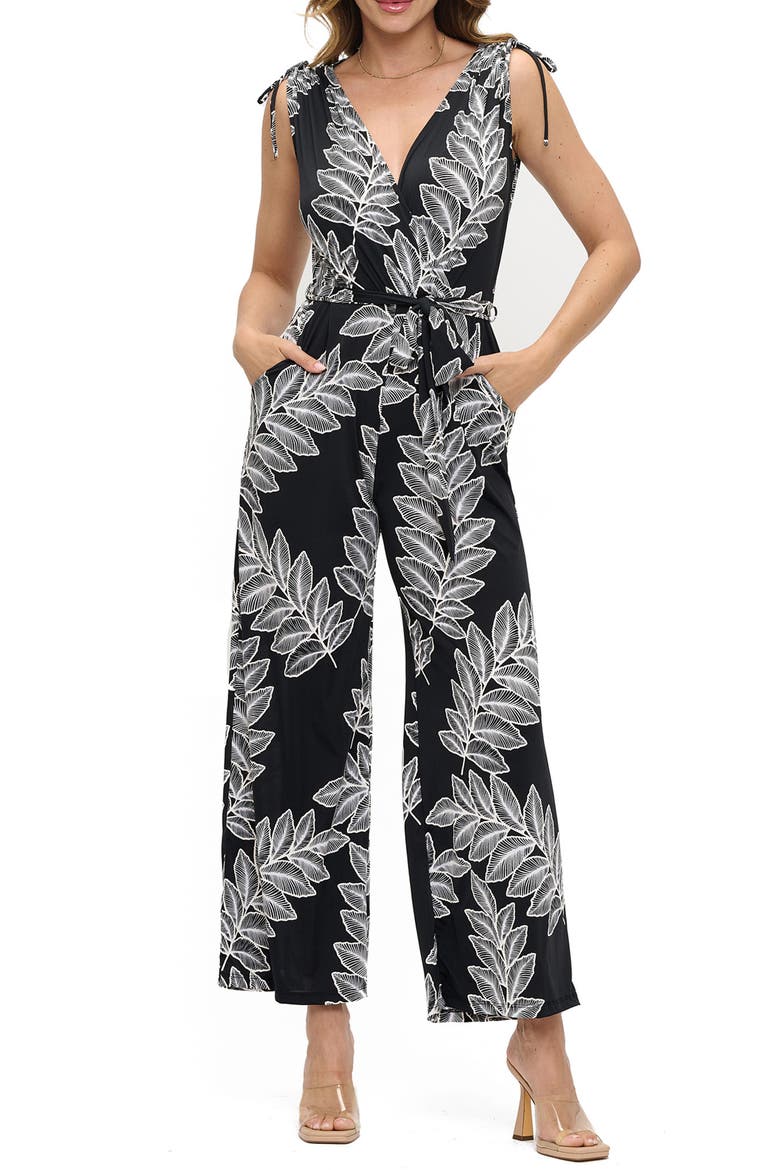 Tie Waist Wide Leg Jumpsuit, Main, color, BLACK LEAF