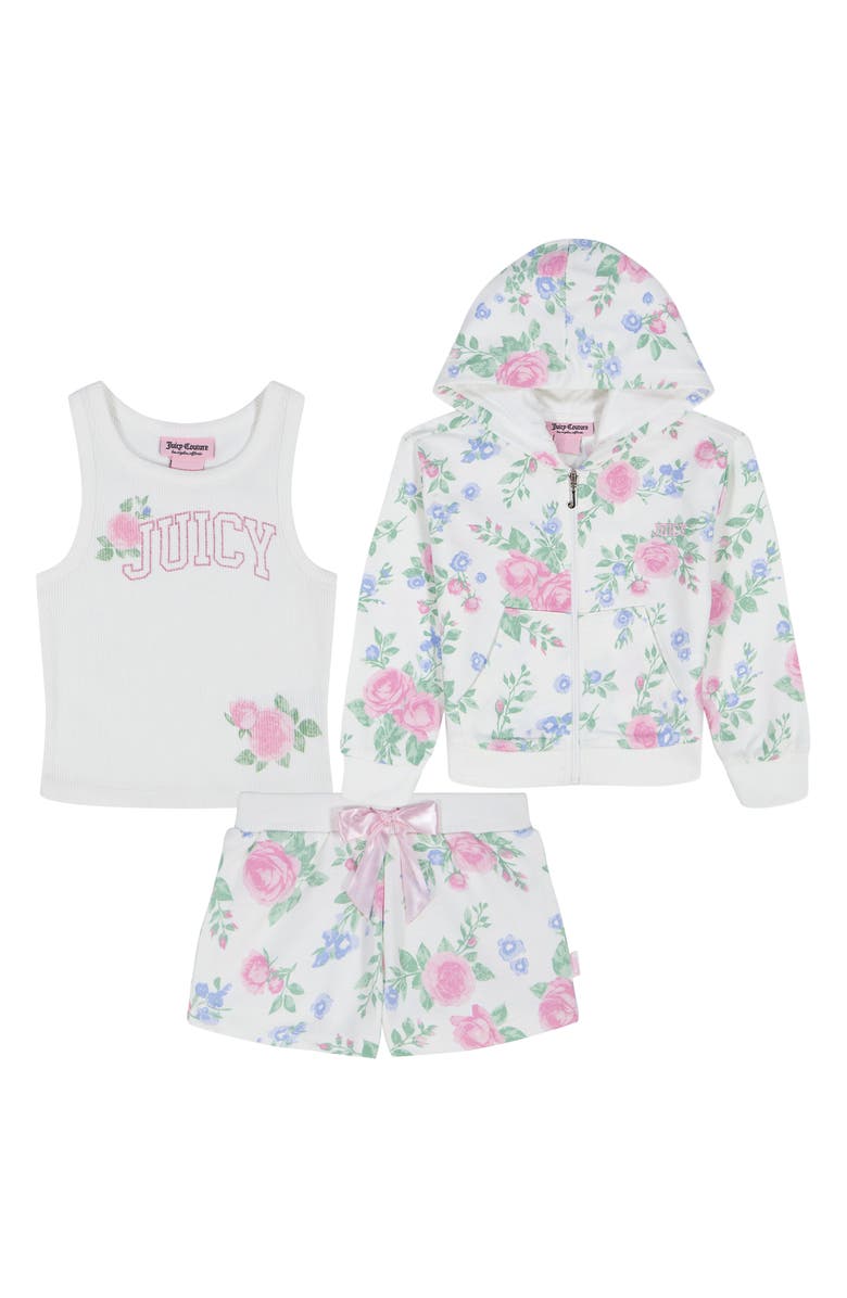 Juicy Couture Kids' Floral French Terry Hoodie, Tank & Shorts Set, Main, color, White