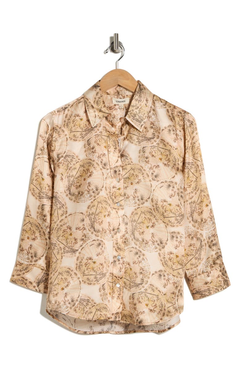 L'AGENCE Dani Silk Button-Up Shirt, Alternate, color, Vintage White Multi Parasol