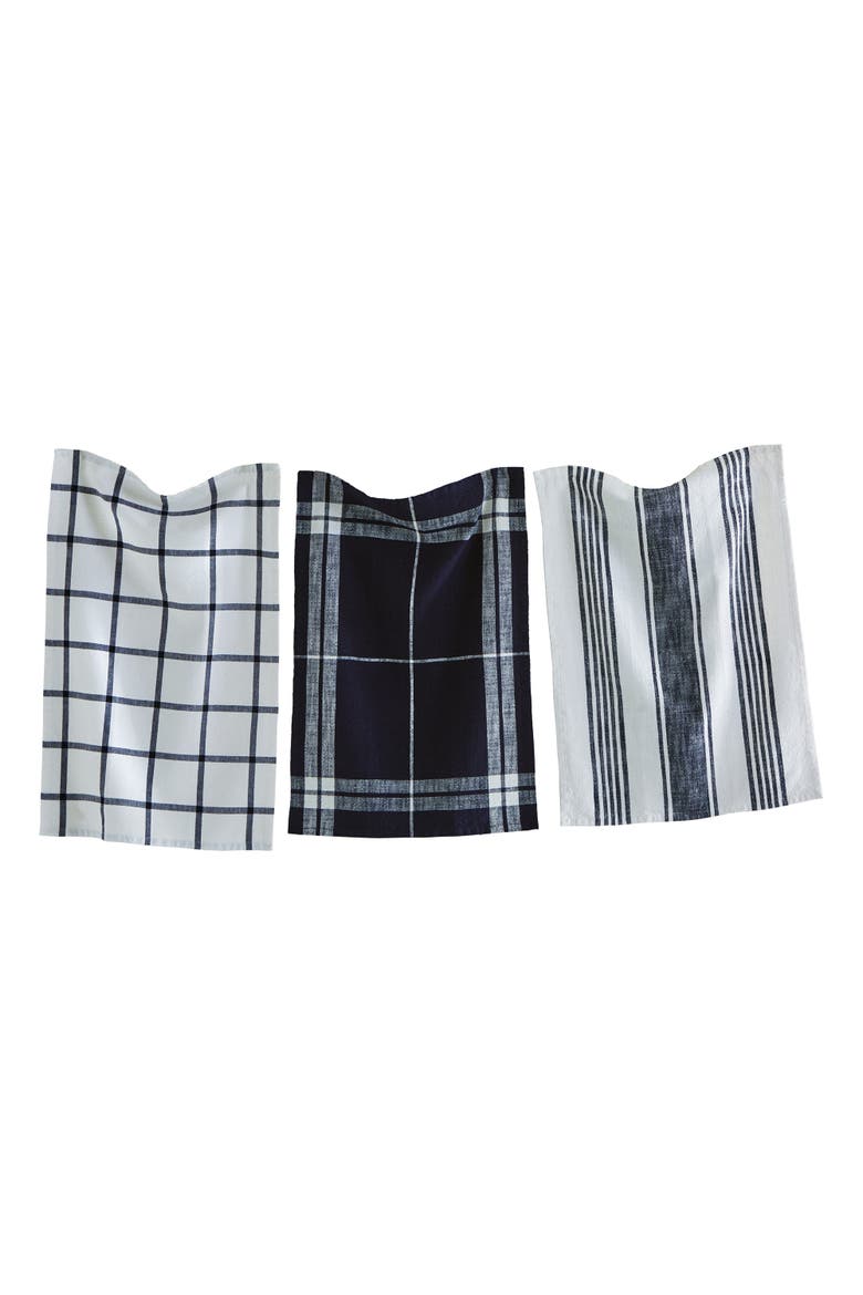 Classic Black Cotton Dishtowel Set of 3 Check Stripe Design, Main, color, Black