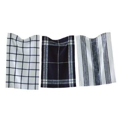 Classic Black Cotton Dishtowel Set of 3 Check Stripe Design