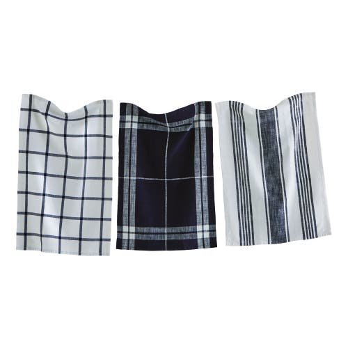 Tag Classic Dishtowel Set Of 3 Check Stripe Window Pane Black Cotton Yarn Dye Slub Weave Enzyme Wash In Multi