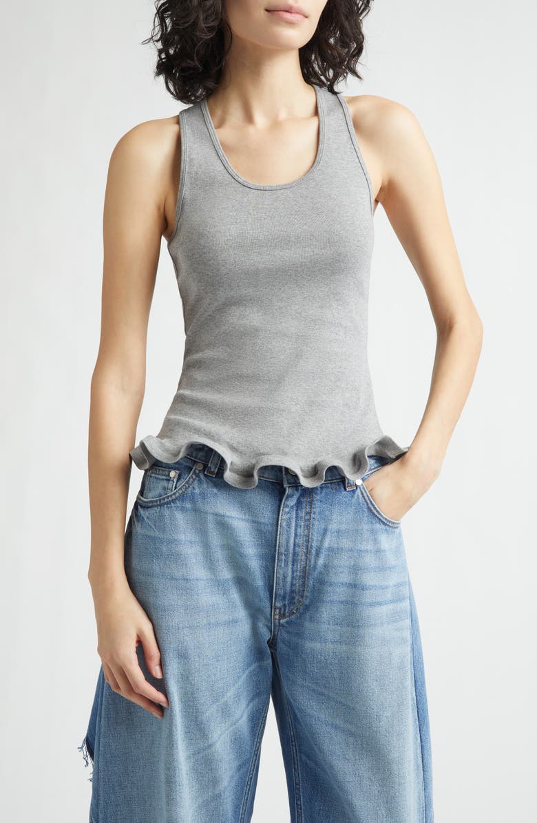 Stella McCartney Frilled Hem Rib Organic Cotton Tank, Main, color, Grey Melange