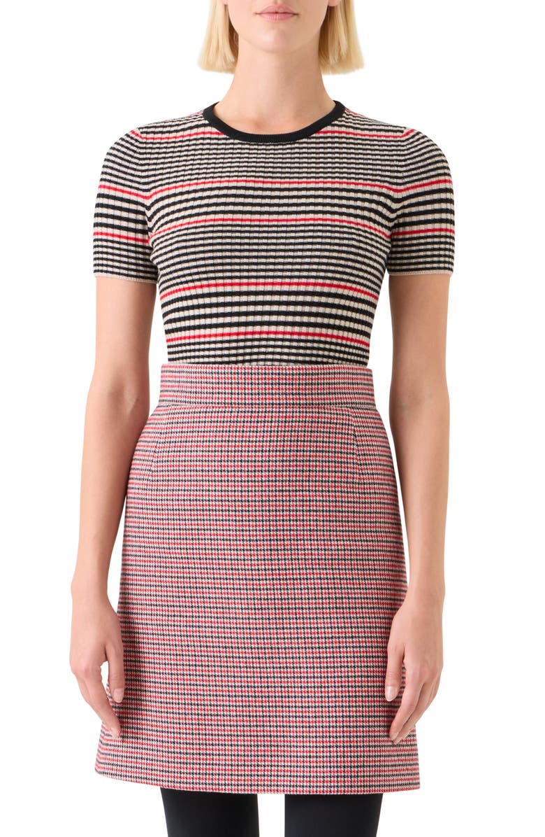 Akris punto Stripe Short Sleeve Virgin Wool Rib Sweater, Main, color, Black-Cream-Vermillion