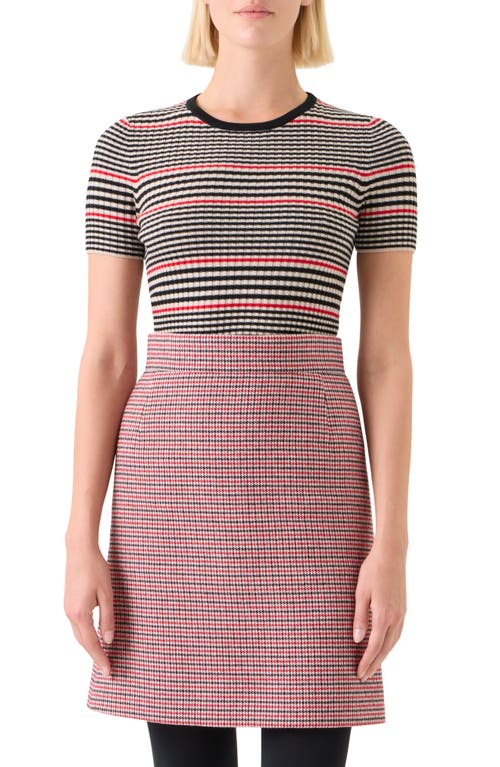 Akris Punto Stripe Short Sleeve Virgin Wool Rib Sweater In Black