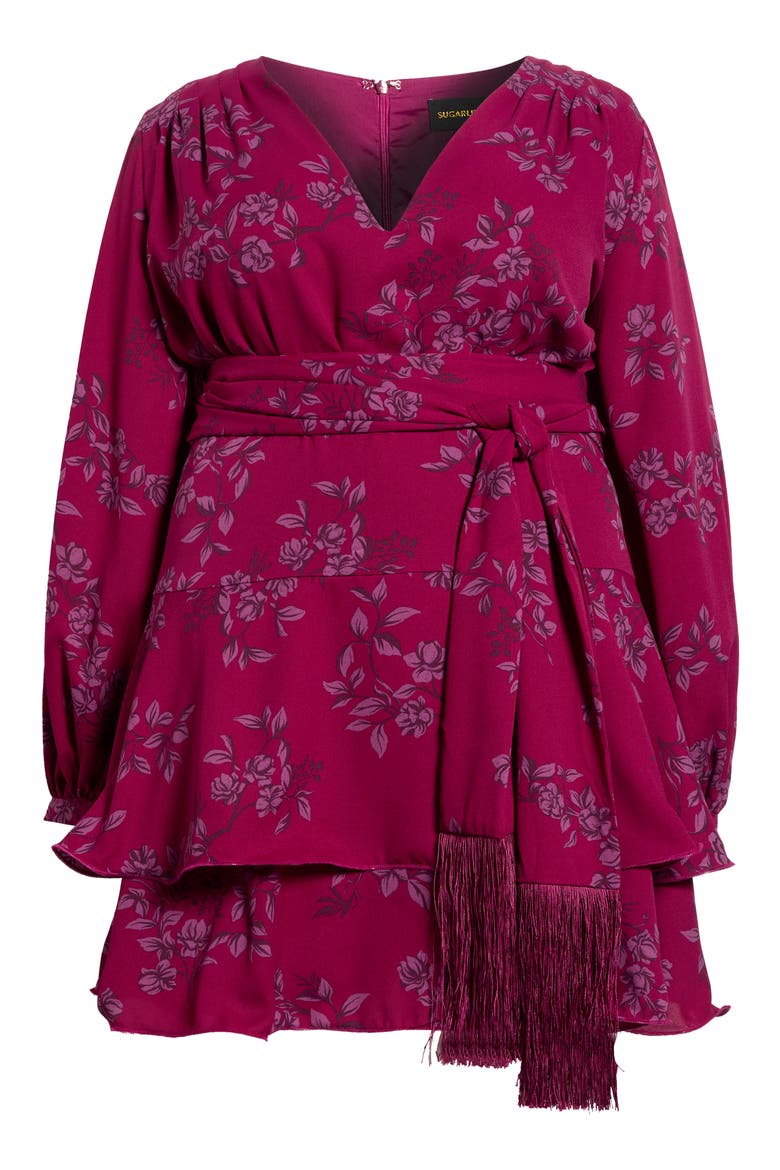 Zurum Floral Print Fringe Long Sleeve Dress, Alternate, color, MAGENTA-MULT