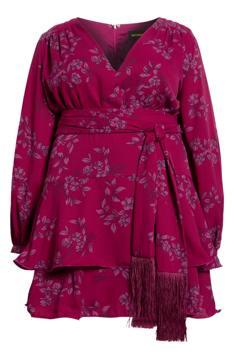 SUGARLIPS Zurum Floral Print Fringe Long Sleeve Dress, Alternate, color, Magenta-Mult