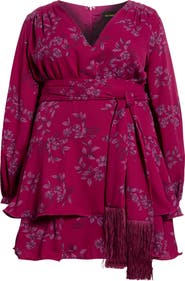 SUGARLIPS Zurum Floral Print Fringe Long Sleeve Dress