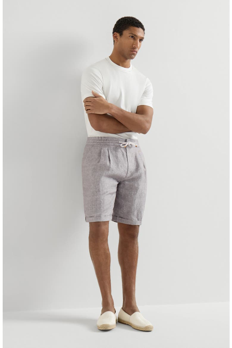 Linen and hemp diagonal Bermuda shorts with drawstring and double pleats, Alternate, color, Light Brown