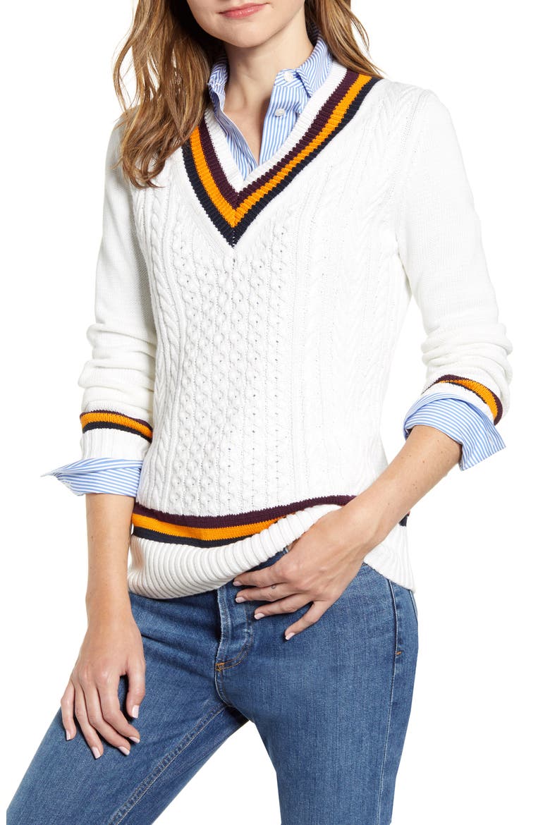 Tipped V-Neck Varsity Sweater, Main, color, IVORY MULTI