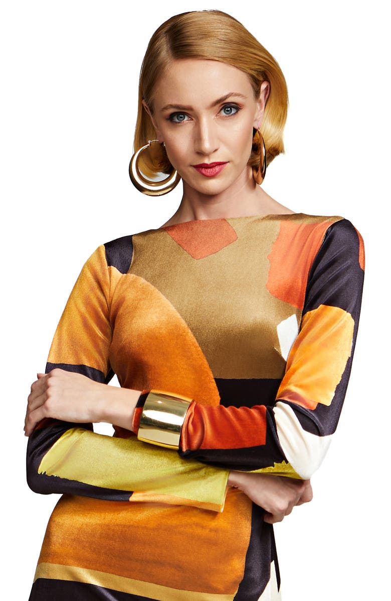 HALSTON Rekha Geo Print Long Sleeve Velvet Gown, Alternate, color,