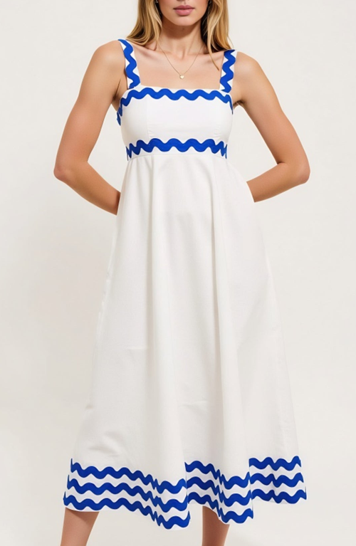 Modenaire Scalloped Strap Maxi Dress With Wave Trim And A-line Silhouette In White