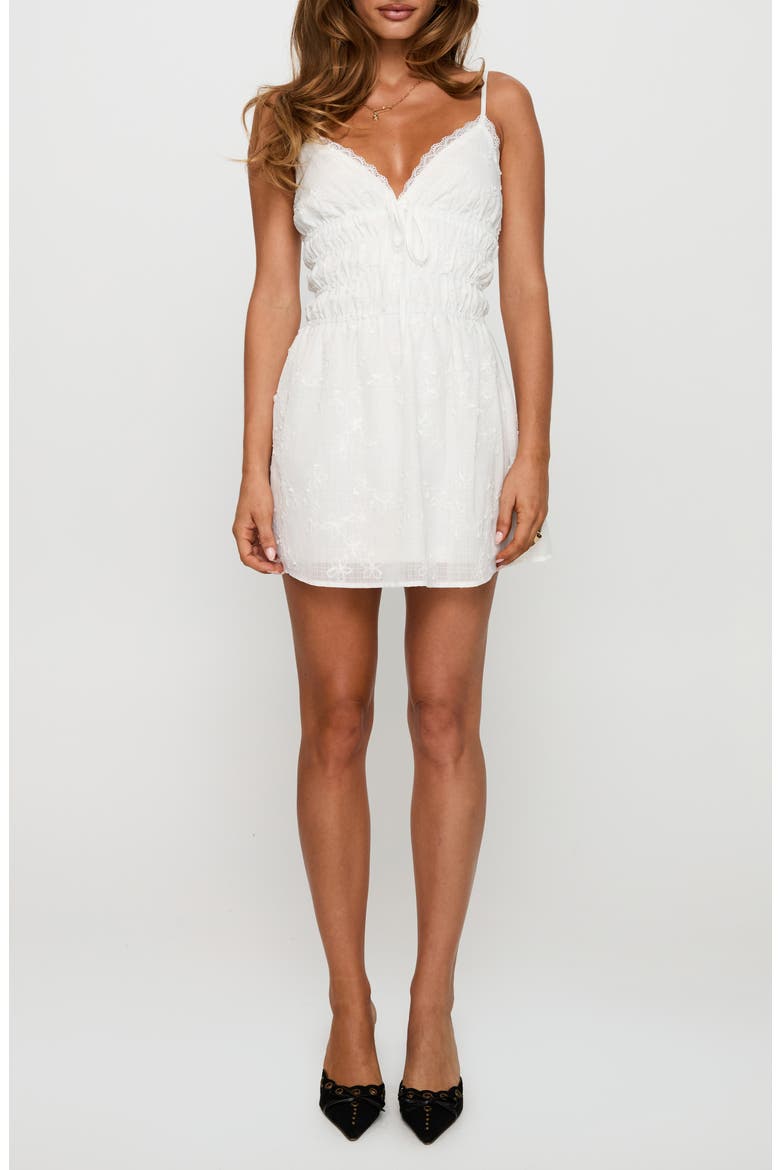 Stick Around Embroidered Shirred Mini Sundress, Main, color, WHITE