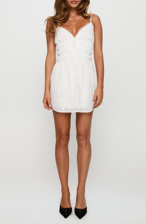 Stick Around Embroidered Shirred Mini Sundress
